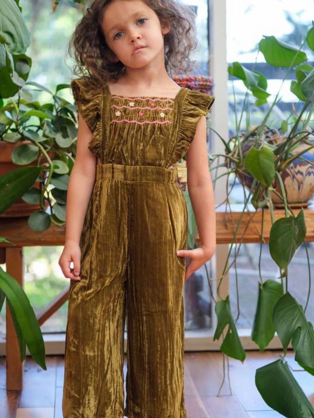 Louise Misha Olive Green Crushed Velvet Jumpsuit with adjustable straps —4T
